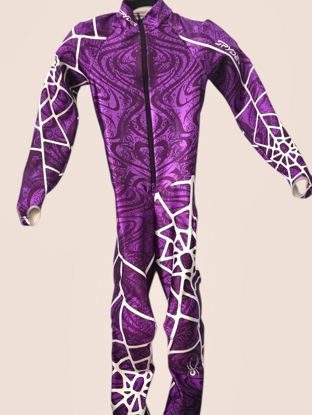 Authentic Spyder padded speed ski race suit in a vibrant purple marble and white